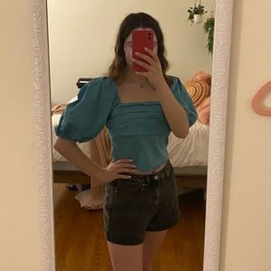 Abercrombie & Fitch Puff Sleeve Poplin Square Neck Top